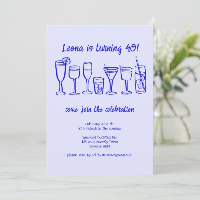 Whimsical Cocktail Drinks Custom Birthday Party Invitation (Standing Front)