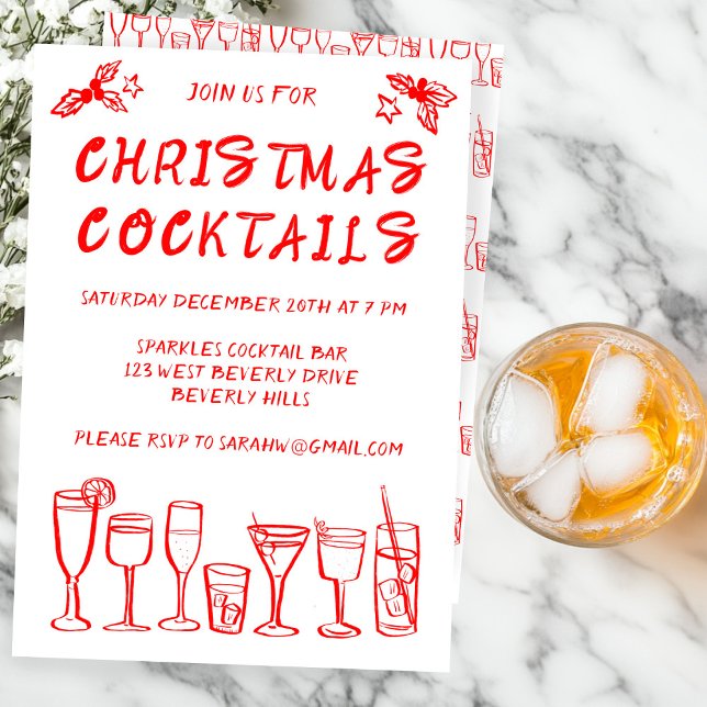 Whimsical Cocktail Drinks Custom Holiday Party Invitation (Whimsical Christmas Cocktail Drinks Custom Hand-drawn Holiday Party Invitation
)