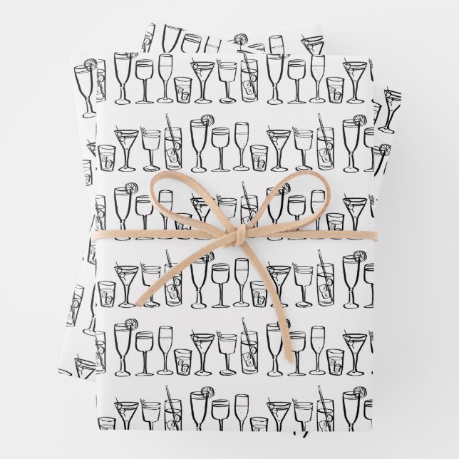 Whimsical Cocktail Drinks Wine Party B&W Gift Wrapping Paper Sheet (In situ)