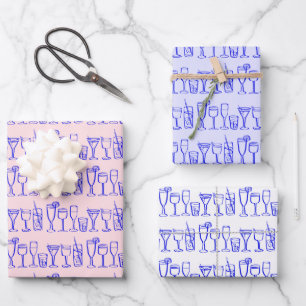 Whimsical Cocktail Drinks Wine Party Blue Gift Wrapping Paper Sheet