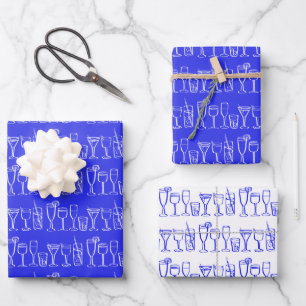 Whimsical Cocktail Drinks Wine Party Blue Gift Wrapping Paper Sheet