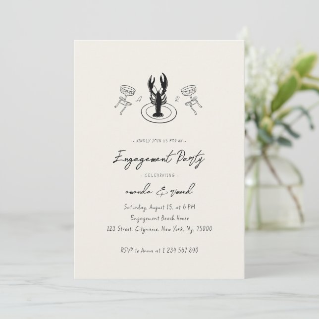 Whimsical Cocktails & Lobster Engagement Party Invitation (Standing Front)