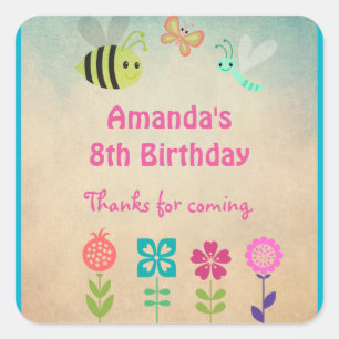 Whimsical Collection of Flowers and Bugs Birthday Square Sticker