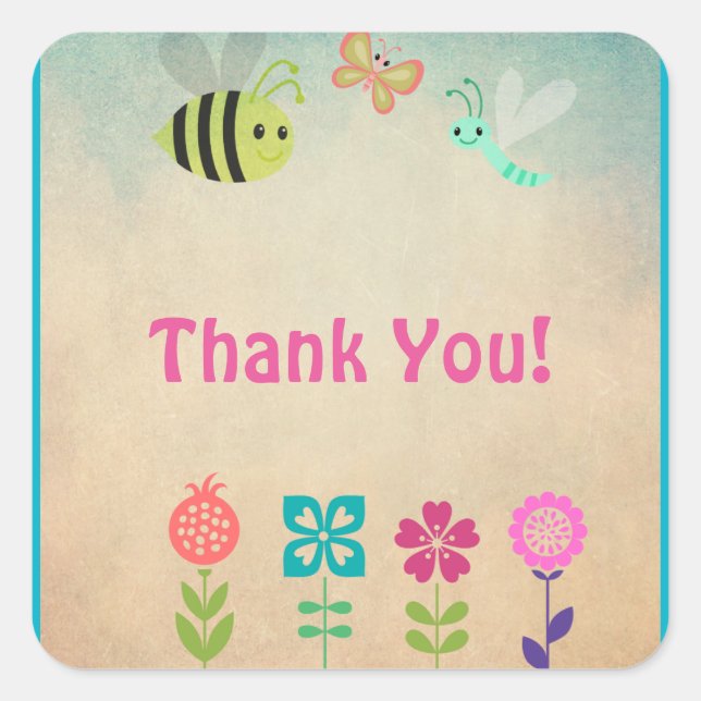 Whimsical Collection of Flowers and Bugs Thank You Square Sticker (Front)