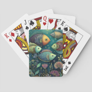 Whimsical Colorful Fish Under the Moon and Stars Playing Cards