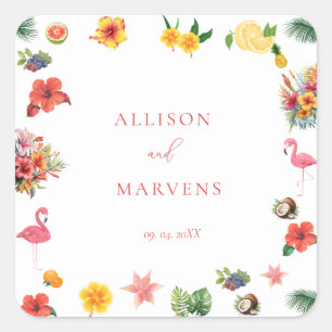 Whimsical Colorful Fun Tropical Flamingle Wedding  Square Sticker