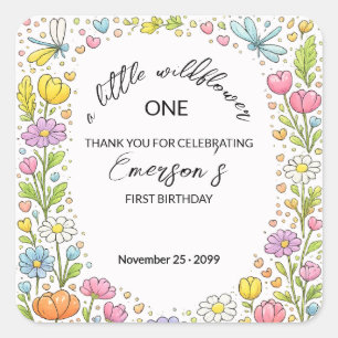 Whimsical Colorful Little Wildflower 1st Birthday  Square Sticker