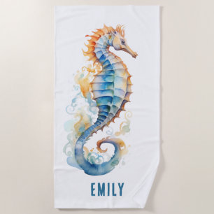 WHIMSICAL, COLORFUL SEAHORSE PERSONALIZED BEACH TOWEL