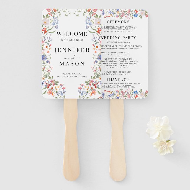 Whimsical Colorful Wildflower Wedding Program Hand Fan (Front and Back)