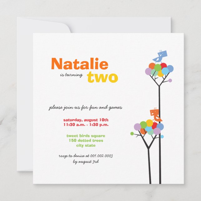 Whimsical Colour Dots Birds Tree Kids 2nd Birthday Invitation (Front)