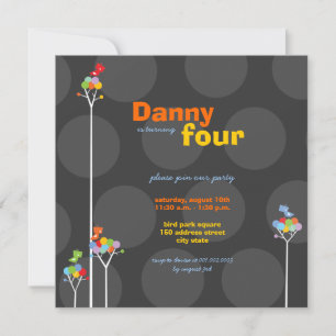 Whimsical Colour Dots Birds Tree Kids 4th Birthday Invitation
