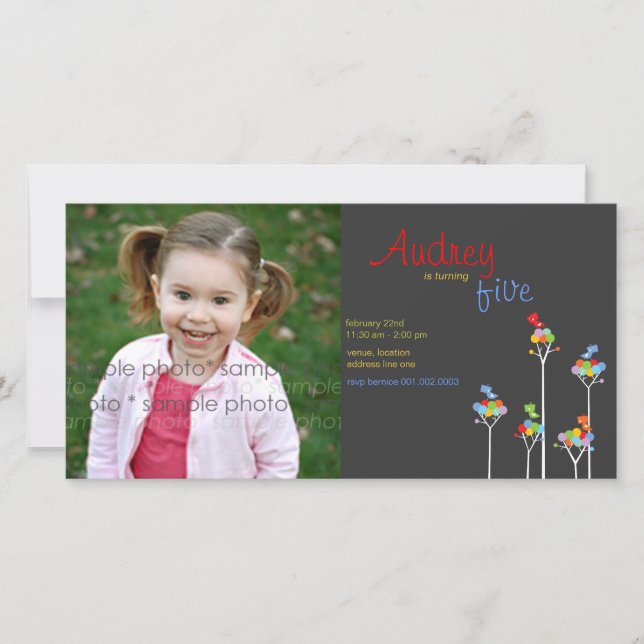 Whimsical Colour Dots Birds Tree Kids 5th Birthday (Front)