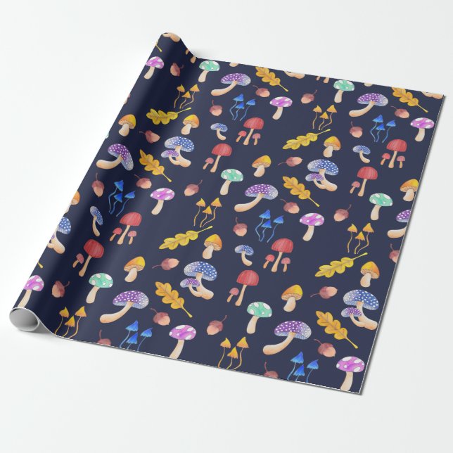 Whimsical Colourful Autumn Mushrooms Wrapping Paper (Unrolled)