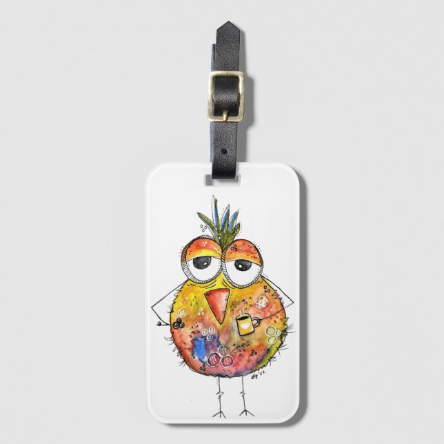 Whimsical Colourful Bird Drinking Coffee Luggage Tag (Front Vertical)