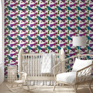 Whimsical Colourful Bird Floral Pattern Seamless Wallpaper