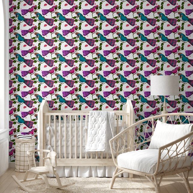 Whimsical Colourful Bird Floral Pattern Seamless  Wallpaper (Kids)