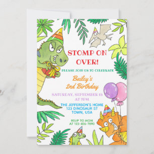 Whimsical Colourful Cartoon Dinosaur Birthday Invitation