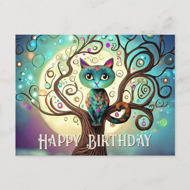 Whimsical Colourful Cat Full Moon Artwork Birthday Postcard (Front)