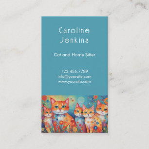 Whimsical colourful cats illustration Blue QR code Business Card