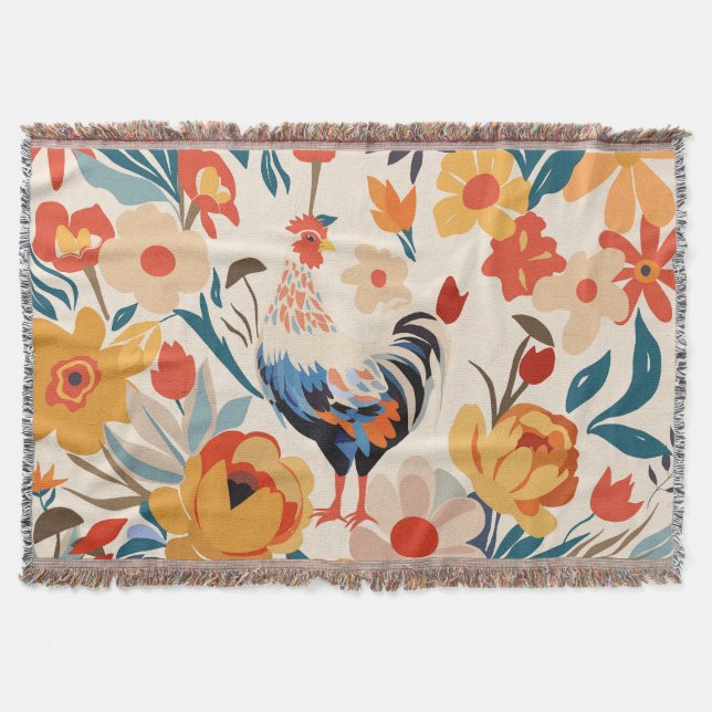 Whimsical Colourful Chicken Floral Background Throw Blanket (Front)