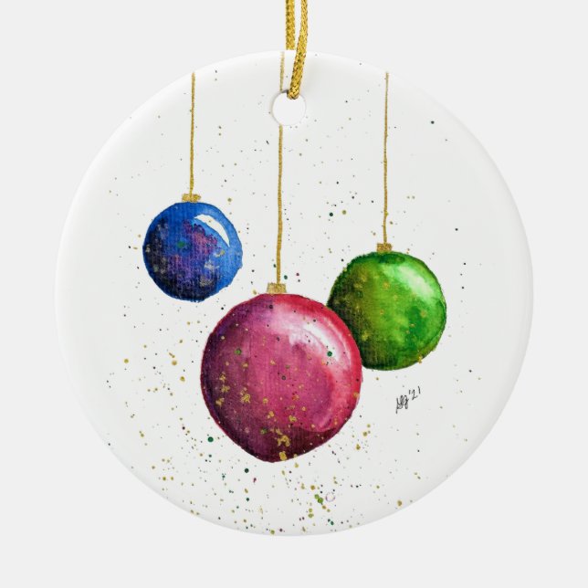 Whimsical, Colourful Christmas Baubles Ceramic Ornament (Front)