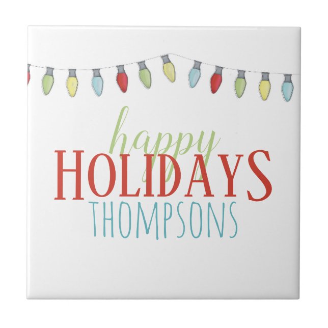 Whimsical Colourful Christmas String Lights Ceramic Tile (Front)