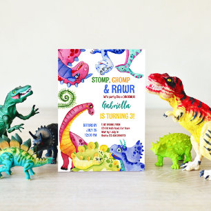 Whimsical colourful dinosaurs kids birthday party invitation
