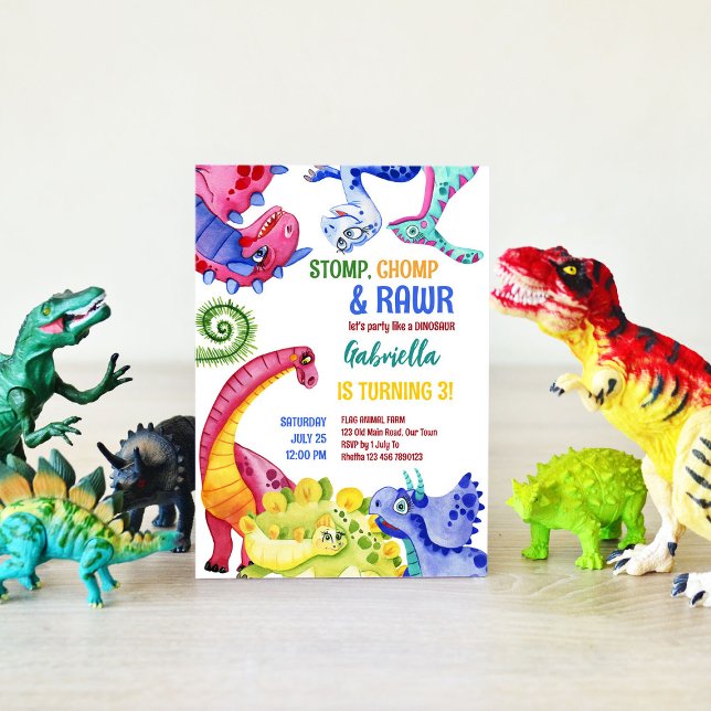 Whimsical colourful dinosaurs kids birthday party invitation (Creator Uploaded)