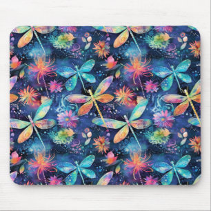 Whimsical colourful dragonfly pattern mouse pad