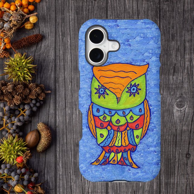 Whimsical Colourful Fantasy Owl (Abstract owl blue star eyes, green orange head colourful feathers on blue iPhone case.)
