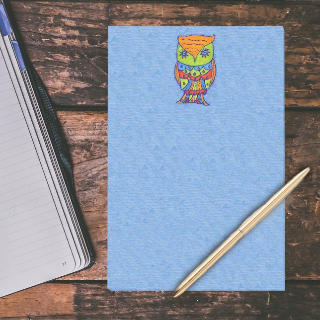 Whimsical Colourful Fantasy Owl Post-it Notes (Abstract fantasy owl in bright colours star eyes on light blue large post it notes.)
