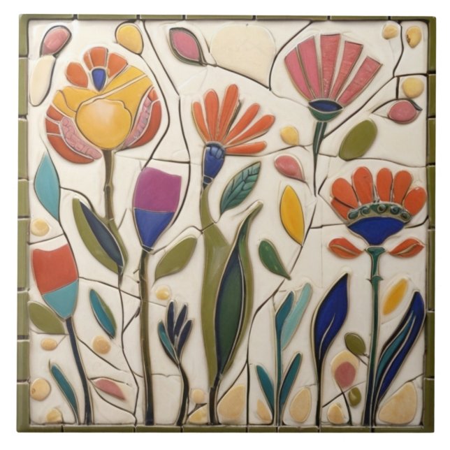Whimsical Colourful Floral Flowers Ceramic Tile (Front)
