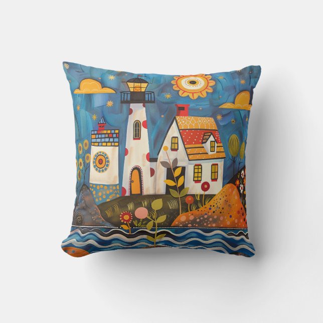 Whimsical Colourful Floral Light House Cushion (Front)