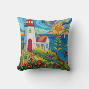 Whimsical Colourful Floral Light House Cushion