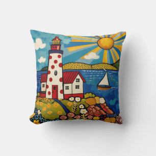 Whimsical Colourful Floral Light House Cushion