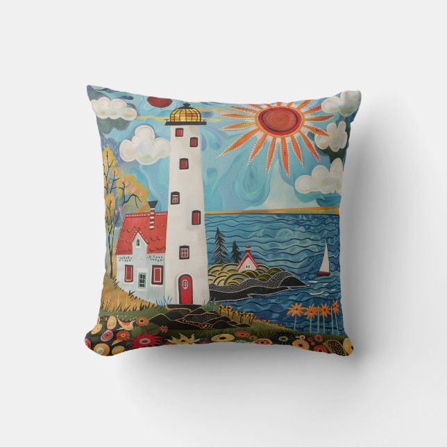 Whimsical Colourful Floral Light House Cushion (Front)