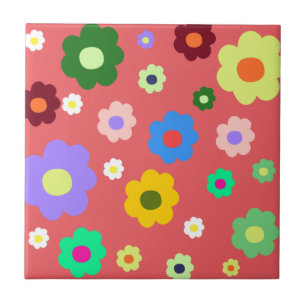 Whimsical Colourful Floral Retro, Cheerful, Preppy Ceramic Tile