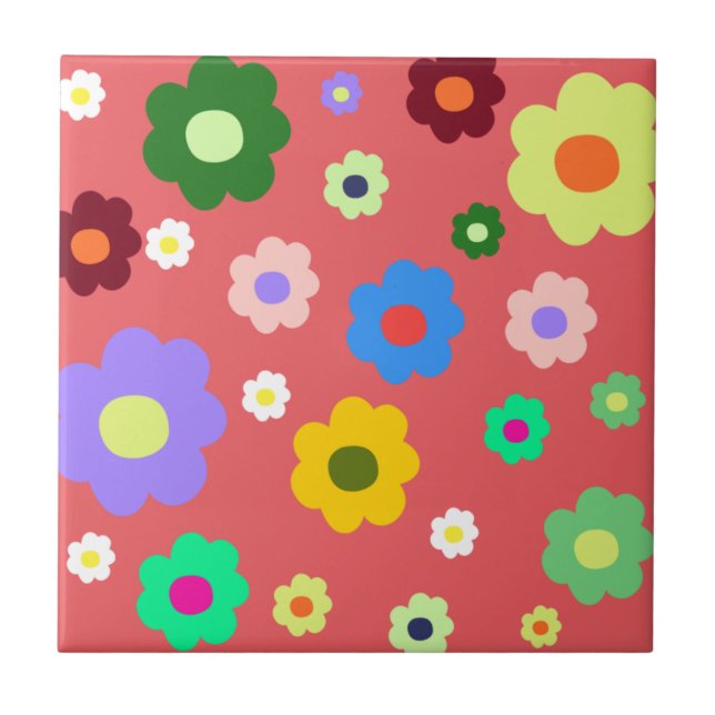 Whimsical Colourful Floral Retro, Cheerful, Preppy Ceramic Tile (Front)