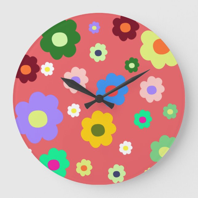 Whimsical Colourful Floral Retro, Cheerful, Preppy Large Clock (Front)