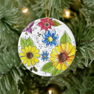Whimsical Colourful Flower Garden Ceramic Ornament