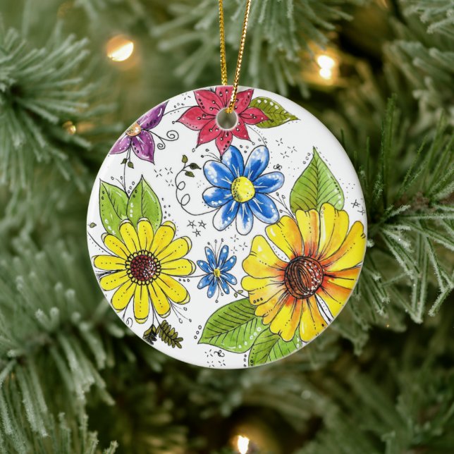 Whimsical Colourful Flower Garden Ceramic Ornament (Tree)