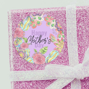 Whimsical Colourful Flowers on Purple Mother's Day Classic Round Sticker