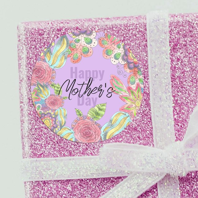 Whimsical Colourful Flowers on Purple Mother's Day Classic Round Sticker (Creator Uploaded)
