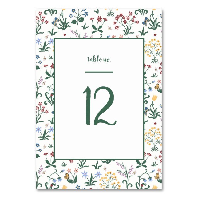 Whimsical Colourful Flowers Wedding  Table Number (Front)