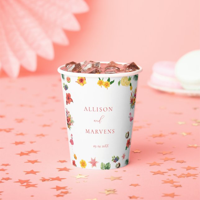 Whimsical Colourful Fun Tropical Flamingle Wedding Paper Cups (Insitu)