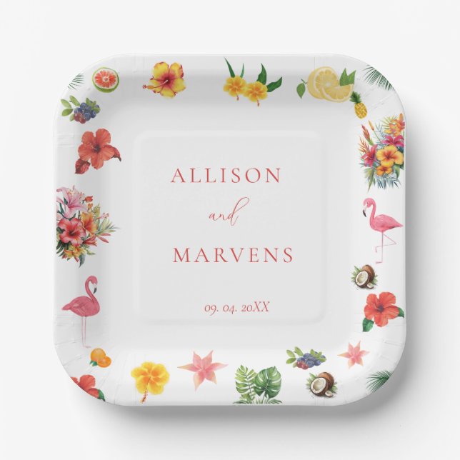 Whimsical Colourful Fun Tropical Flamingle Wedding Paper Plate (Front)