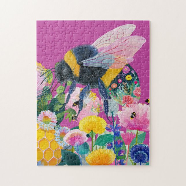 Whimsical Colourful Honey Bee Wildflower Jigsaw Puzzle (Vertical)