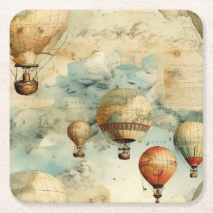 Whimsical Colourful Hot Air Balloon Map Square Paper Coaster