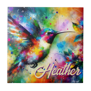 Whimsical Colourful Hummingbird Bird Personalised Ceramic Tile