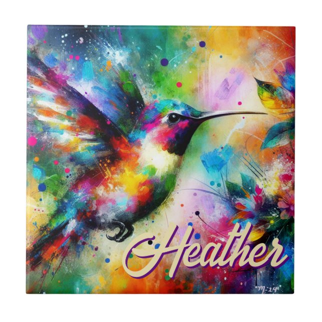 Whimsical Colourful Hummingbird Bird Personalised Ceramic Tile (Front)